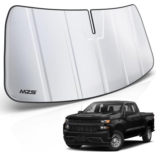 MZS Windshield Sun Shade Compatible with Silverado Sierra 1500 2500HD 3500HD 2019-2026, Foldable Truck Sun Shade Shield with Storage Pouch, Front Window Visor Sunshade for Interior Protector