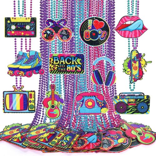 80s Theme Party Favors Necklaces Bulk, 33 Beads Necklaces with Felt Pendants Costume Accessories for Adults