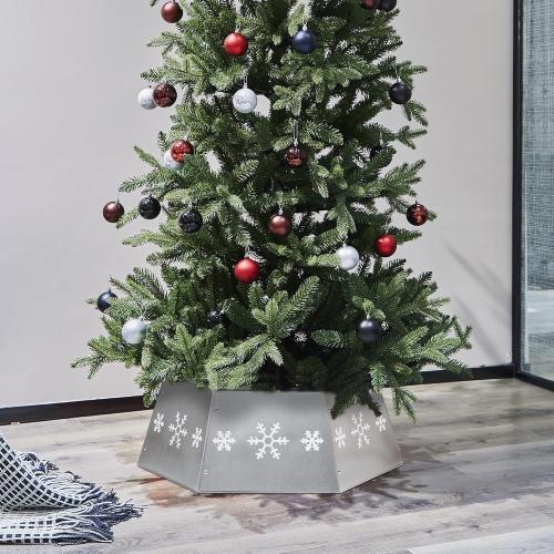FORUP Metal Christmas Tree Ring with Printed Snowflake, Tree Skirt Base Stand for Tree Decorations (Silver)