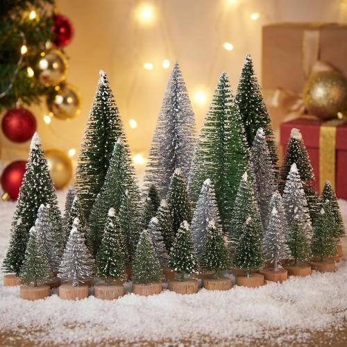 LOVEINUSA 45PCS Colorful Mini Christmas Trees, Snow Frosted Sisal Bottle Brush Trees with Wooden Base for Xmas Winter Home Table Decoration