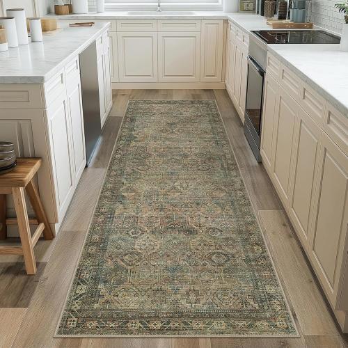 GENIMO Runner Rug 2x5, Non Slip Vintage Hallway Runner Rugs, Low Pile Lightweight Machine Washable Mat for Hallway, Entryway, Bedroom, Kitchen and Corridor, Blue Blush