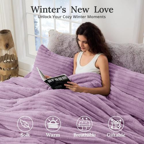 Sasttie Fluffy King Comforter Set, 3-Piece Soft Fleece Bedding, Purple | Marshmallow Bedding Set with 2 Pillowcases, Warm & Fuzzy Faux Fur Down Alternative, OEKO-TEX Certified