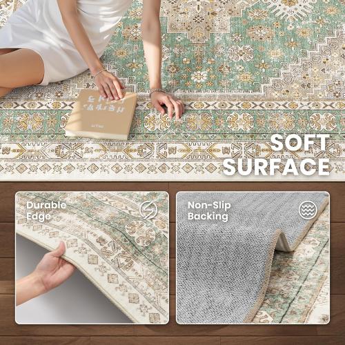 zesthome 8x10 Area Rugs for Living Room,Non-Slip Backing Washable Rugs,Vintage Large Area Rug，Stain Resistant Home Decor Rug (Green/Brown,8'x10')