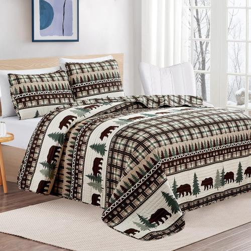 Market & Place 3 Piece Reversible Quilt Set with Shams | All-Season Soft & Lightweight Bedspread | Rustic Lodge Cabin Printed Plaid Design | Cedar Creek Collection (Full/Queen, Chocolate/Green)