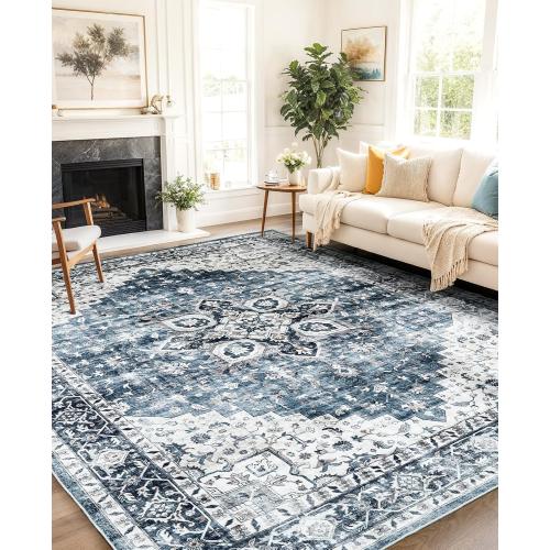 AMADA HOMEFURNISHING 8x10 Washable Area Rug, Low-Profile Large Area Rug with Non-Slip Backing & Durable Edge Binding, Vintage Large Rugs for Living Room, Bedroom, Dining Room