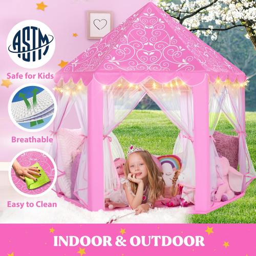 W&O Princess Tent with Fantasy Sound Button, LED Lights, Crown & Wand Set – Indoor & Outdoor Play Tent for Kids Ages 3-8