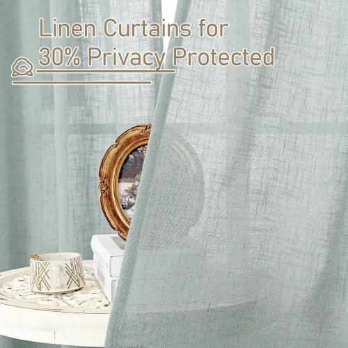 LAMIT Short Linen Window Curtains 30 Inches Long 3 Panels, Greyish Blue Semi Sheer Light Filtering Panels Back Tab and Rod Pocket Neutral Drapes for Basement/Small Windows, 34 x 30 Inch