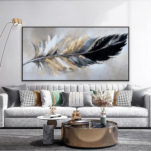 Canvas Art Wall Decor Modern Large Wall Decor Abstract Wall Art for Living Room Modern Home Decorations 29X58 With Framed Painting Black and Gold Minimalist Abstract Art Feather Home Artwork