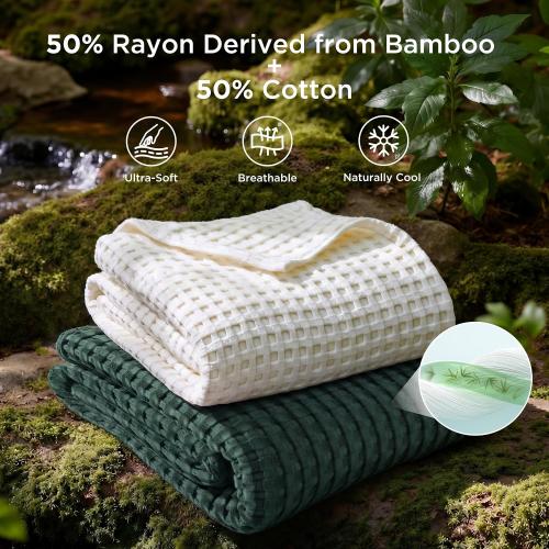 Bedsure Cooling Cotton Waffle Queen Size Blanket - Lightweight Breathable Blanket of Rayon Derived from Bamboo for Hot Sleepers, Luxury Throws for Bed, Couch and Sofa, Dark Green, 90x90 Inches