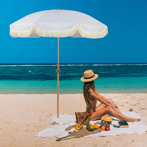 6.5ft Patio Umbrella with Fringe, Beach Umbrella, Fringe Umbrella Outdoor Patio with Hanging Hook, Tilting Aluminum Pole, UV 50 , Fiberglass Ribs, Blue White Stripe