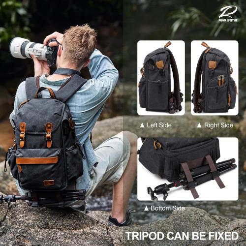 Padwa Lifestyle Black Camera Backpack - Weather Resistant Canvas Camera Bag for Photographers with Multi Compartments&Tripod Holder,Great Gift for Camera Backpacks,Drone bag and Travel bag