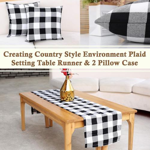 BETTERLINE Buffalo Check Plaid Set of Table Runner and 2 Throw Pillow Covers - Plaid Pattern Checkers - 72 Inch x 14 Inch Runner and 18 Inch x 18 Inch Pillow Cover Case