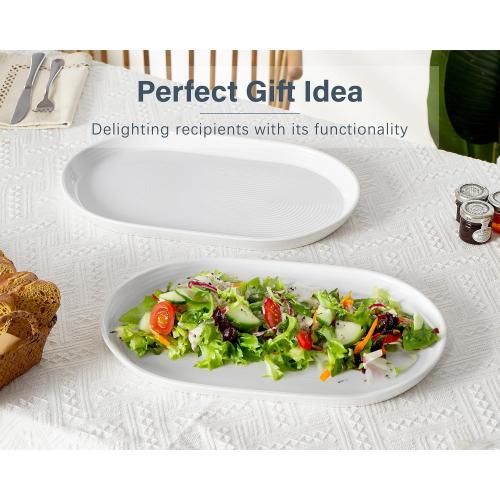 ONEMORE 16 Inch Ceramic Serving Plates for Entertaining, Set of 2 Large Oval Dinner Plates- Dishwasher Oven Safe Serving Tray for Food Meat Fish Parties- Porcelain Thanksgiving Turkey Platters - White