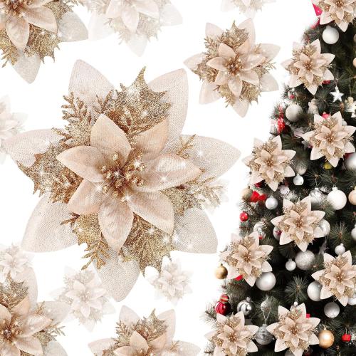 Glitter Christmas Poinsettia Artificial Xmas Flower Ornaments Flowers Decorations with Clips and Stems Glitter Poinsettia Christmas Tree Ornaments for Christmas Wedding (Champaign Gold,36 Pieces)