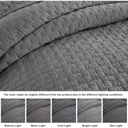 palassio Dark Grey 100% Cotton Quilt Queen Size Bedding Sets with 2 Pillow Shams, Textured Lightweight Soft Bedspread Shabby Chic Coverlet, Quilted Comforter Bed Cover for All Season, 3 Pieces