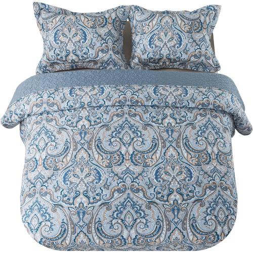 Blue and Brown Cotton Bedspread Quilt Sets-Reversible Patchwork Coverlet Set, Floral Pattern