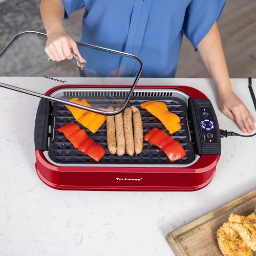 Indoor Smokeless Grill, Techwood 1500W Electric BBQ Grill with Temperature Control, Korean Grill Removable Non-Stick Grill & Griddle Plates, Tempered Glass Lid, Red‼️missing handle on the lid‼️