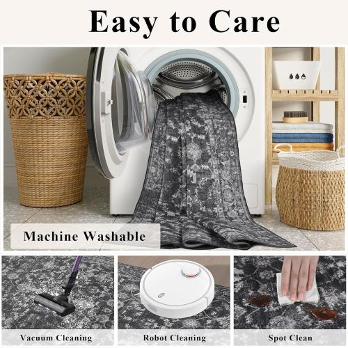 Washable Area Rug 2.6x8 Black Runner Rugs for Living Room, Vintage Boho Hallway Large Rug for Bedroom Dining Room Office, Distressed Floral Carpet for Under Table, Soft Non Slip Low Pile Throw Carpet