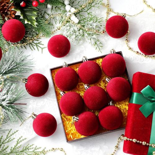 Menkxi 15 Pcs Christmas Velvet Balls 1.97 Flocked Christmas Hanging Ornaments Handmade Velvet Balls Xmas Tree Ornaments Xmas Tree Bulbs for Wedding Anniversary Party (Red)