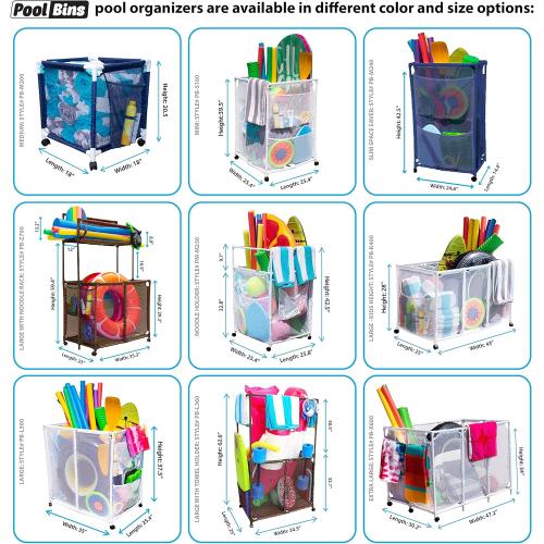 Pool Noodles Holder, Toys, Floats, Balls and Floats Equipment Mesh Rolling Storage Organizer Bin, Kids Height, Large (25 L x 43 W x 28 H), Blue