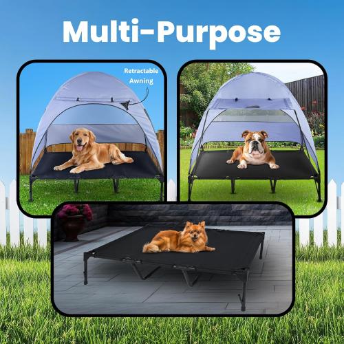 Elevated Dog Bed with Removable Canopy   Retractable Awning. Raised Indoor/Outdoor Portable Dog Bed with Shade. Anti Slip feet, Compact Outdoor Dog Tent with Travel Bowl. XXL (Large)
