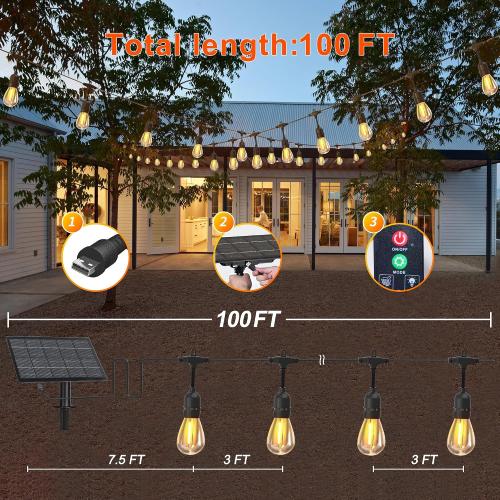 100FT Solar String Lights Outdoor Waterproof with Remote Control Solar Patio Lights 30 2 shatterproof LED E26 S14 Bulbs for Porch Garden Market Bistro Patio Backyard Fence