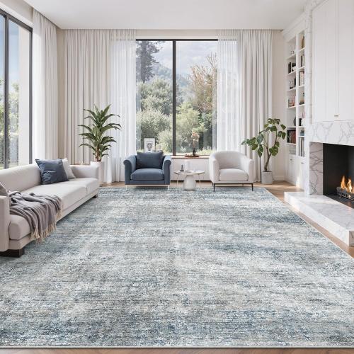 9x12 Washable Rug for Living Room - Abstract Large Rugs for Bedroom, Indoor Non-Slip Soft Carpet,Blue Gray