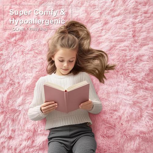 OLANLY Area Rugs for Living Room Bedroom, Machine Washable 4x5.9 ft Soft Fluffy Shaggy Bedside Rug, Indoor Floor Carpet for Kids Girls and Boys, Dorms, Nursery Rooms, Home Decor Aesthetic, Pink