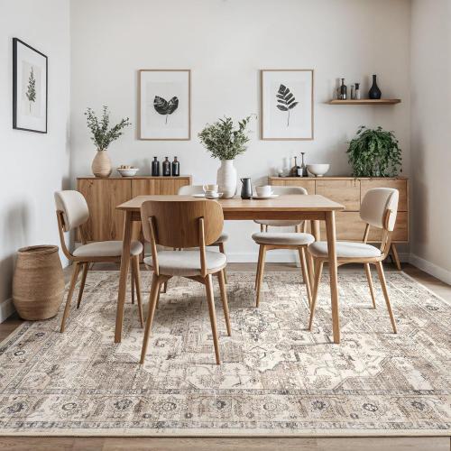 Area Rug 8x10 Washable Vintage - Soft Traditional Rugs for Living Room Large Non Slip Backing with Low Pile Farmhouse Oriental Retro Carpet for Bedroom Dining Room or Home Office - Tea Brown