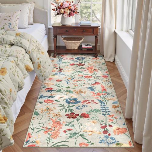Floral Runner Rug Washable Hallway Long Beige Bedroom Carpet Non Slip Indoor Boho Kitchen Low Pile Accent Rug Lightweight Soft for Bathroom Dining Laundry Living Room