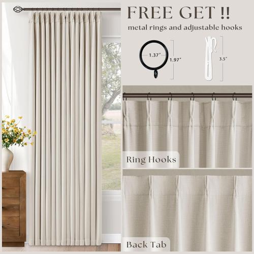 Extra Wide Pleated Linen Blackout Curtains 84 Inches Long for Bedroom Sliding Glass Door Memory Trained Pinch Pleat Double Layer Black Out Room Darkening Heat Blocking Curtain 70W x 84L 1 Panel