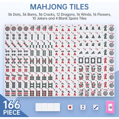 American Mahjong Tile Set Include 166 Tiles 4 All-in-One Mahjong Racks/Pushers with Fabric Carrying Bag Complete Mahjong Game Set (Blue Bag)