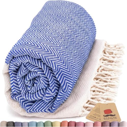 Bazaar Anatolia Beach Towel, 100% Cotton, 71x39 in, Herringbone Dark Blue