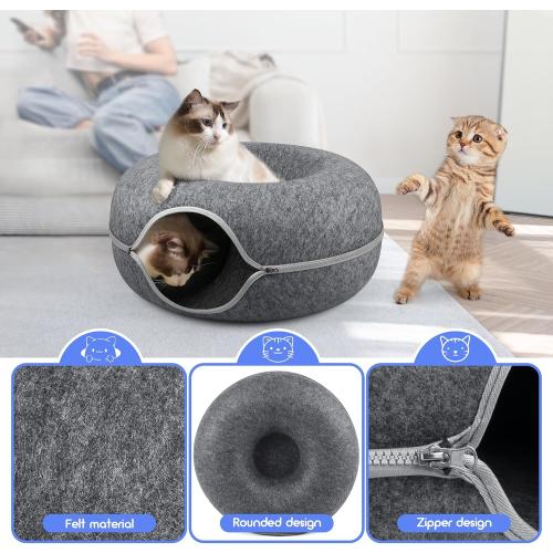 Size 24 x 24 x 11, Dark Grey, 2 PCS Tunnel Bed Peekaboo Cave for Multiple & Large Cats, Scratch Resistant, Washable & Detachable Round Felt Donut Tunnel up to 24 Lbs, 24 x 24 x 11, Dark Grey, 2 PCS