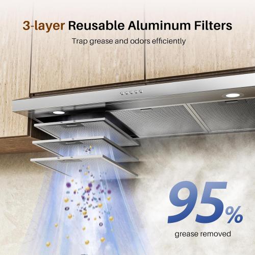 FIREGAS Size  36 Inch Under Cabinet Range Hood, Ducted/Ductless Convertible Kitchen Vent Hood with 3-Speed Exhaust Fan, 300 CFM, LED Lights, Stainless Steel Stove Hood for Kitchen