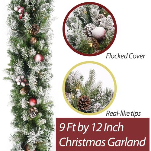 Christmas Garland Flocked 9ft with 50 Lights, Christmas Decor with Pine Cone Red Balls & Berries 50 Light Timer for Mantle Staircase Indoor and Outdoor