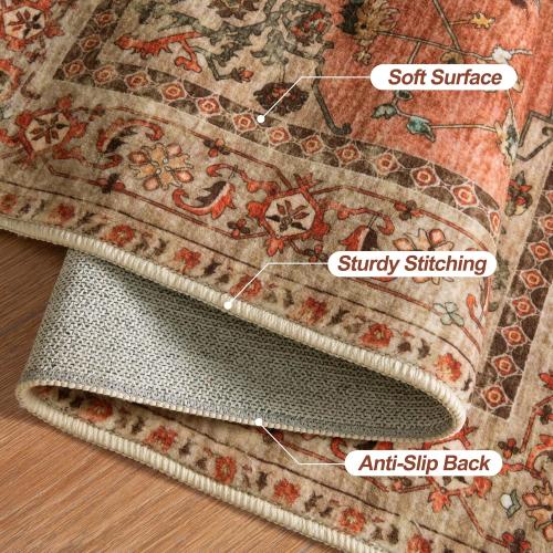 Tangsoo Boho Rug Washable Area Rugs for Living Room, Oriental Vintage Indoor Non Slip Large Area Rug, Print Terracotta Carpet, Soft Low Pile Rug Foldable Floor Rugs for Bedroom Dining Room Dorm