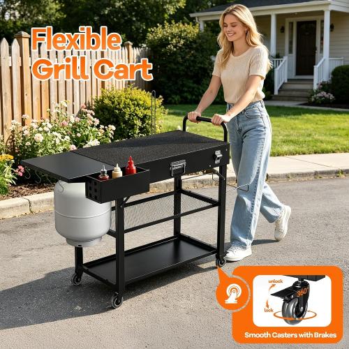 Grill Cart for Blackstone Griddle, Outdoor Grill Table for Ninja | Foldable Pizza Oven Stand Grill Stand Fit 17 or 22 Inch Tabletop Griddle, Portable BBQ Prep Station with Tool Hooks & Wheels