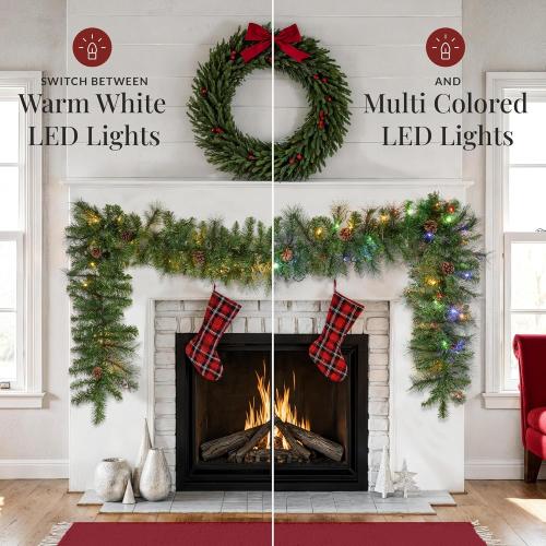 Best Choice Products 9ft Pre-Lit Christmas Garland Holiday Décor for Stairs, Mantel, w/Pine Cones, 2-in-1 White & Multi LED Lights