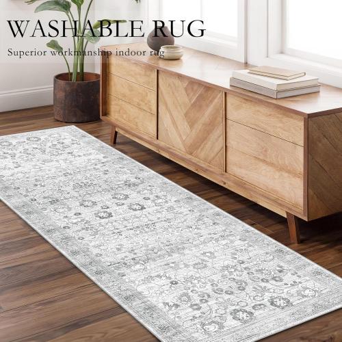 Washable Runner 2x6, Boho Entryway Rug for Hallway, Kitchen, Bedroom, Bathroom - Soft Grey, Non Slip, Long Floral Vintage Distressed Carpet for Living Room