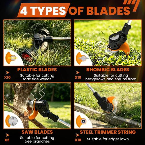 Electric Weed Wacker Cordless Weed Eater, Stringless Trimmer Battery Powered 4 in 1 Lightweight Grass Trimmer/Brush Cutter/Edge, 4 Types Blade, No String Weed Trimmer with Wheels for Lawn Yard Garden