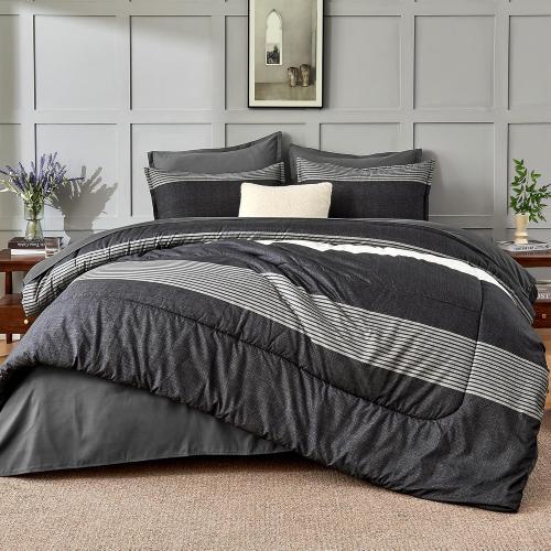 Andency Full Bed in a Bag 7 Pieces Comforter Set - Black White Grey Striped Lightweight Fully Breathable All Season Bedding Set with Comforter, Fitted & Flat Sheet, Pillowcases & Shams