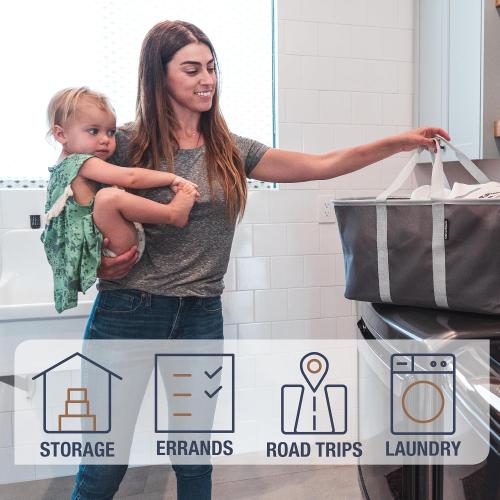 DARK BLUE CleverMade Collapsible Laundry Tote - Denim Charcoal 2-Pack 50L - Foldable Storage Organization Container for Clothes Laundry Room Storage Solution