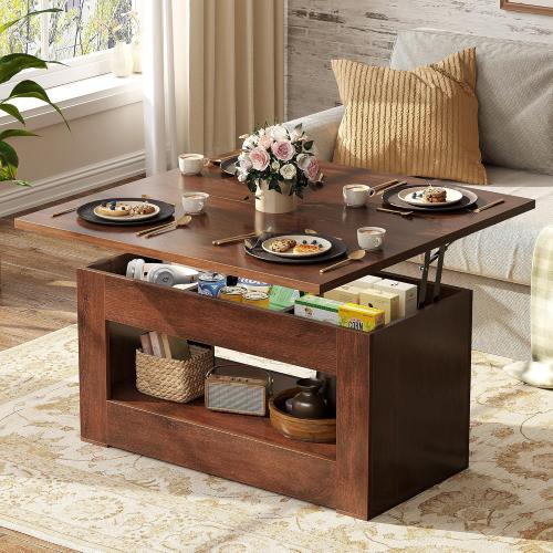 40 Lift Top Coffee Table, 4 in 1 Multi-Function Lift Coffee Table with Storage and Hidden Compartment, Convertible Coffee Tables to Dining Table for Living Room, Walnut