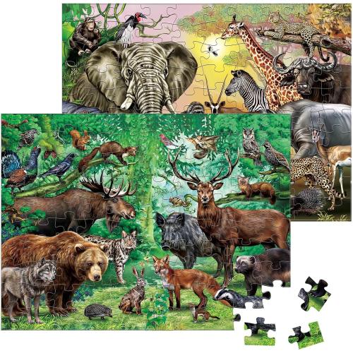100 Pc BenBen Puzzles for Kids Ages 4-6, Double Sided 100 Piece Puzzles for Kids, 2 in 1 Puzzle, Wild Animals, Learning Educational Jigsaw Puzzles Toys for Boys Girls (15.75” x 11.75”)