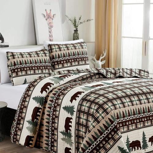 Market & Place 3 Piece Reversible Quilt Set with Shams | All-Season Soft & Lightweight Bedspread | Rustic Lodge Cabin Printed Plaid Design | Cedar Creek Collection (Full/Queen, Chocolate/Green)