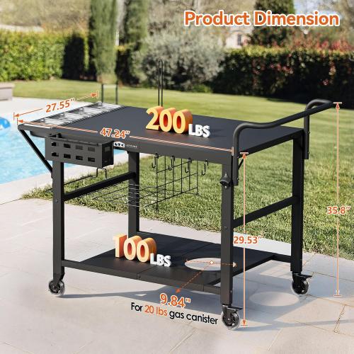Leteuke Pizza Oven Table, Grill Cart Table for Blackstone Griddle, Outdoor Pizza Oven Stand Fits Ninja, Cuisinart, Gozney, Solo Stove, BBQ Prep Tables Station with Seasoning Tray, 47.2x27.5x35.8