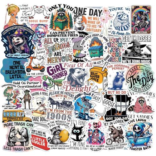 200 Pcs Holographic Funny Meme Stickers for Adults, Waterproof Vinyl Sarcastic Animal Decals with Raccoon, Frog, Possum & Skeleton Humor for Water Bottles, Laptop, Skateboard & Journal