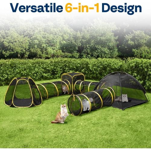 VIVOHOME 6-in-1 Outdoor Cat Enclosure with Playhouse, 2 Tents & 3 Tunnels - Portable Cat Playground with Leash and Mint Ball for Indoor/Outdoor Use, Yard Balcony Camping Safety