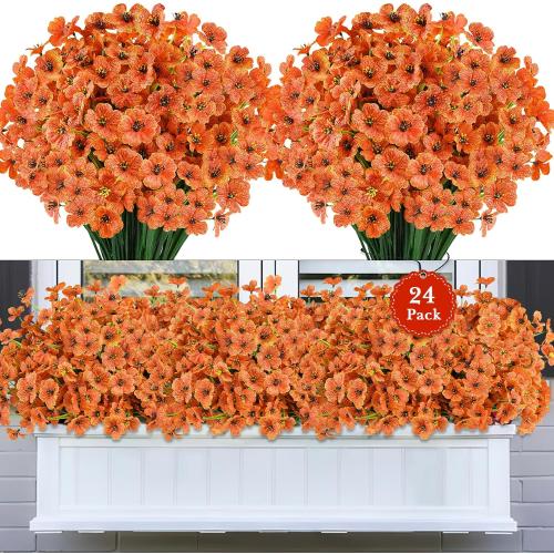 24 Bundles Artificial Fall Flowers for Outdoors, Realistic Fake Silk Flowers for Outside Decoration, Autumn Faux Plants Outdoor Planter Window Box Porch Patio Decor(Orange)